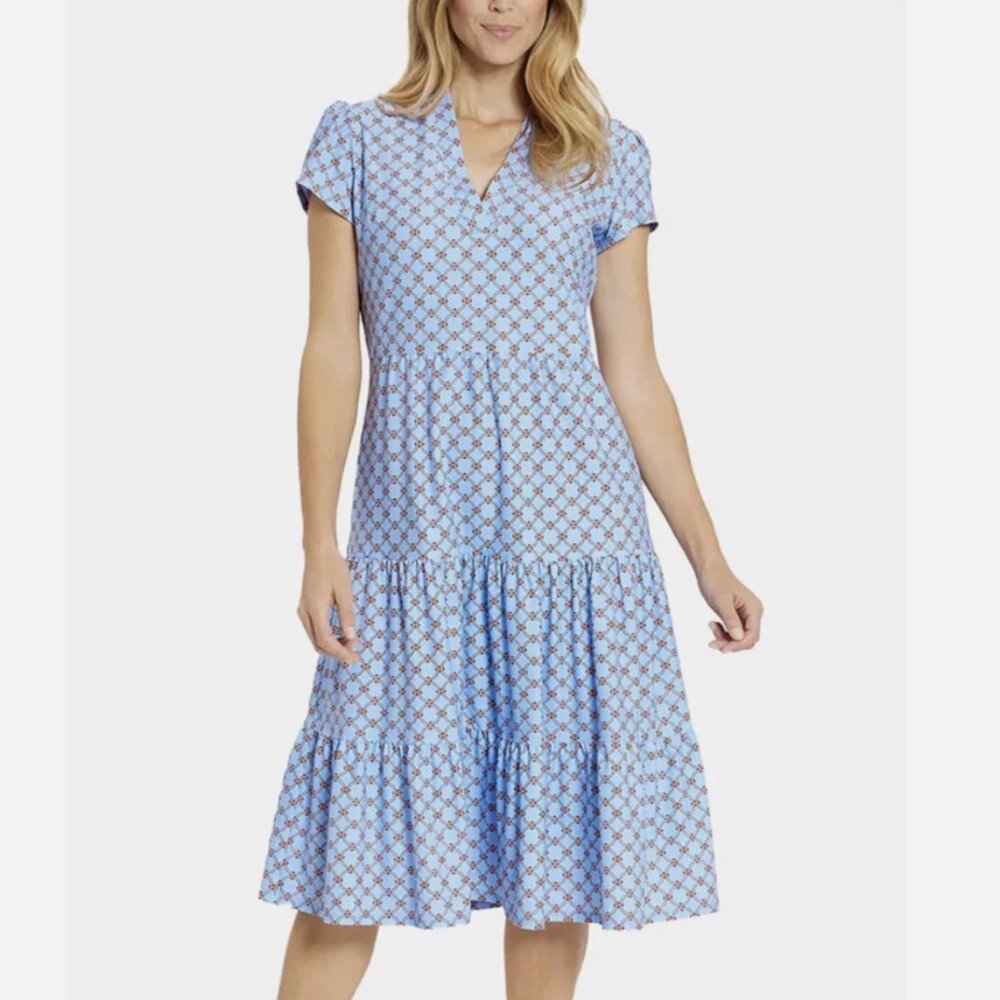 Jude Connally Sky Blue Geometric Tiered Midi Dress, size large